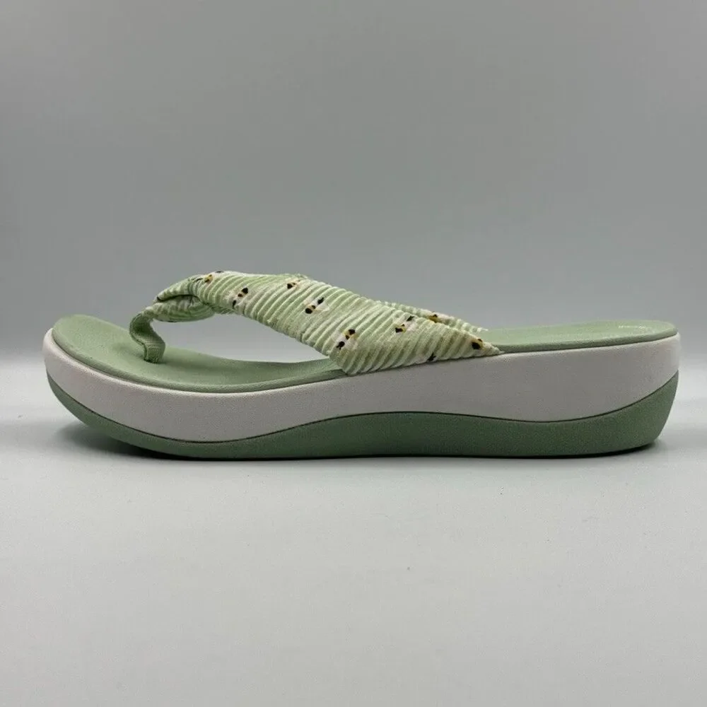 Clarks Cloudsteppers Drift Jaunt Women's 10 Green Daisy Strappy Wedge Flip Flops